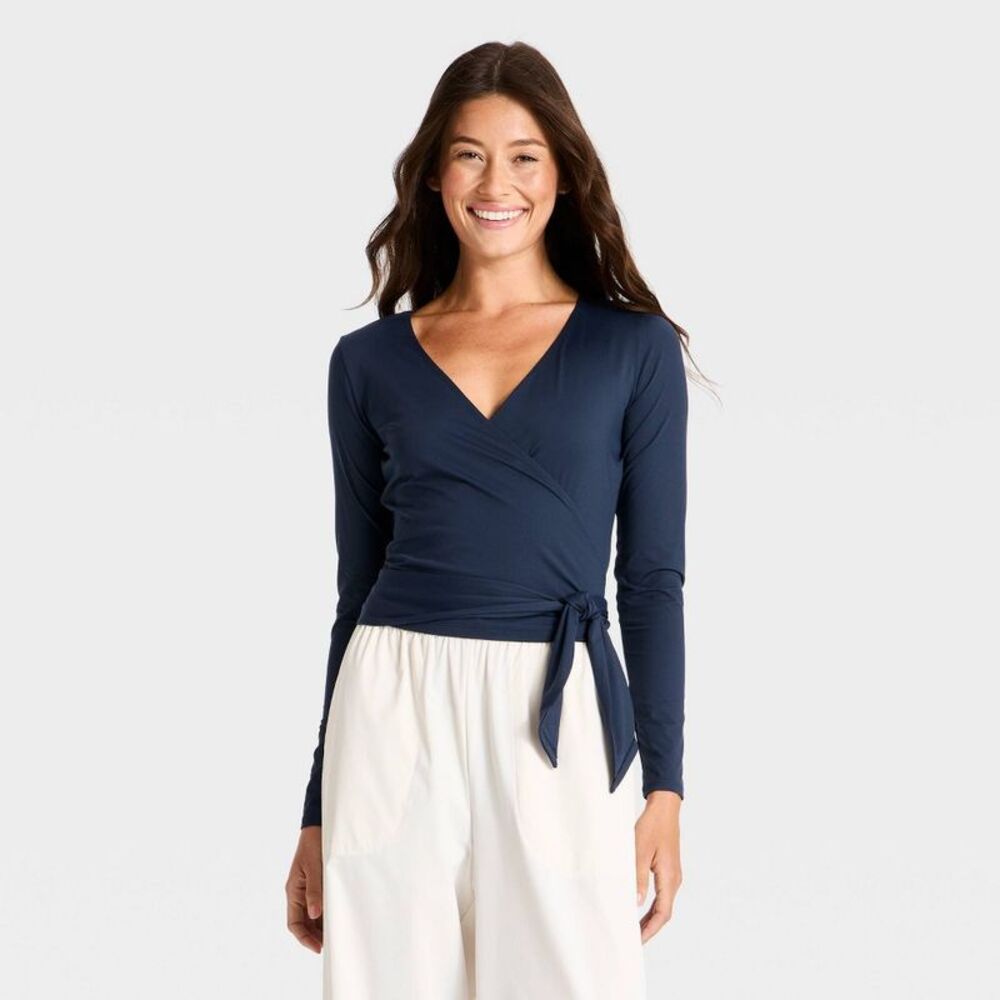 Women's Knit Long Sleeve Wrap Top - All In Motion Navy Blue M